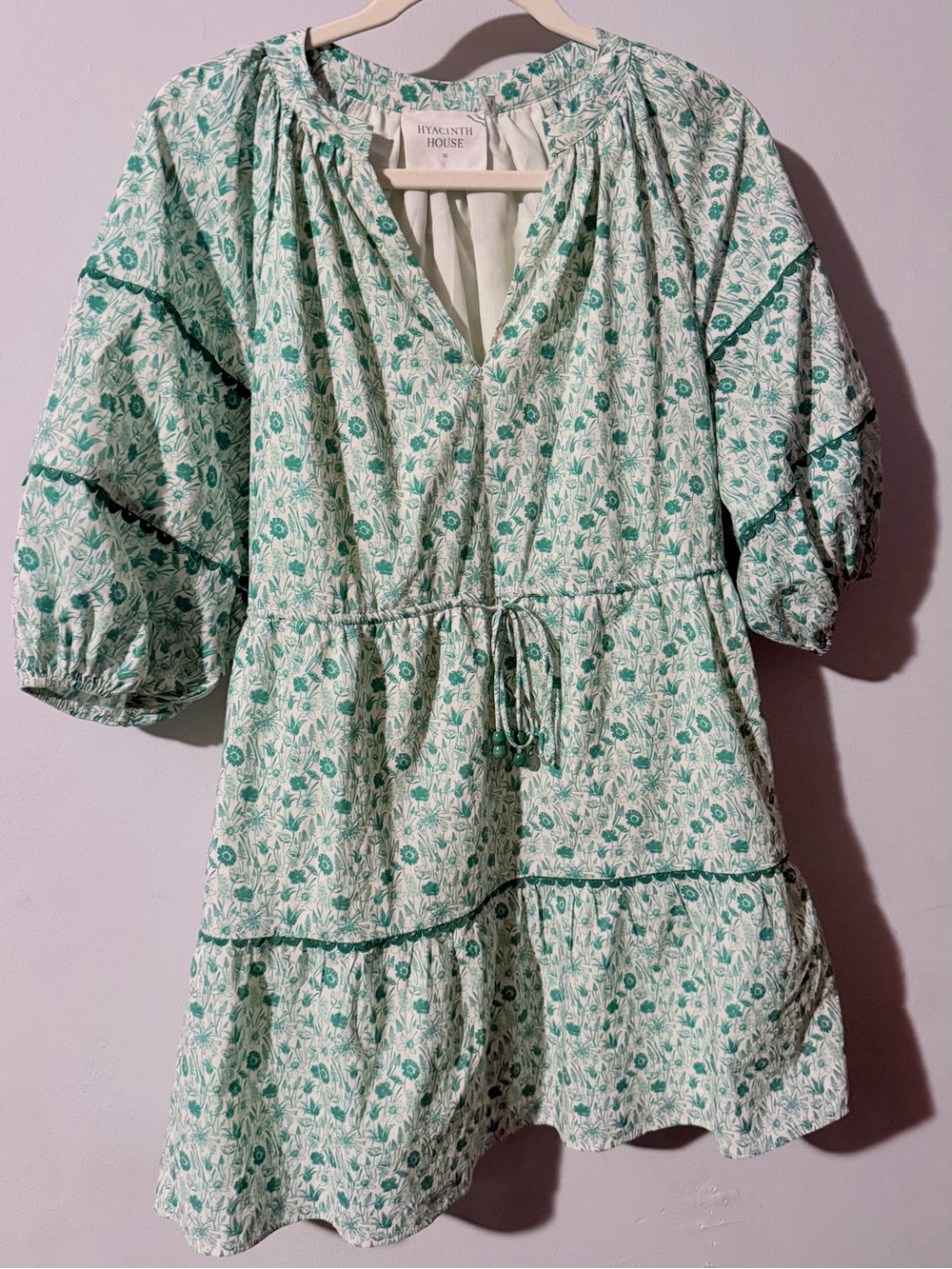 HYACINTH HOUSE Boho Puffy Sleeve Green Floral Tiered Mini Dress with Tie Waist